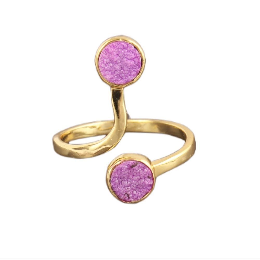 Pink Purple Sugar Druzy Yellow Gold Plated Brass Snake Shape Adjustable Ring